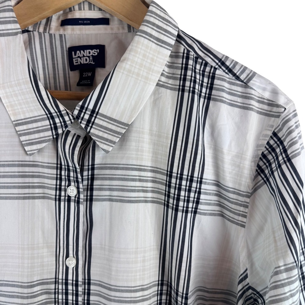 Lands' End Button Up Shirt Women 22W White Black Plaid No Iron Long Sleeve